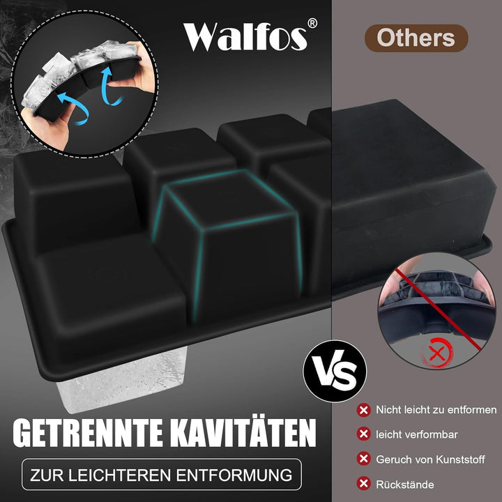 Walfos grosse Eiswürfelform silikon, 2 Pack 8-fach Silikon Eiswürfelbehälter mit Deckel,BPA-frei und