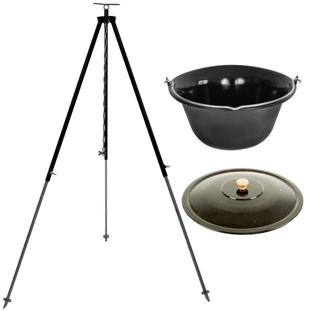 GRILLPLANET Set 15 Liter Gulaschkessel Emaille Black Edition mit Dreibein (Kettenhöhenverstellung) u