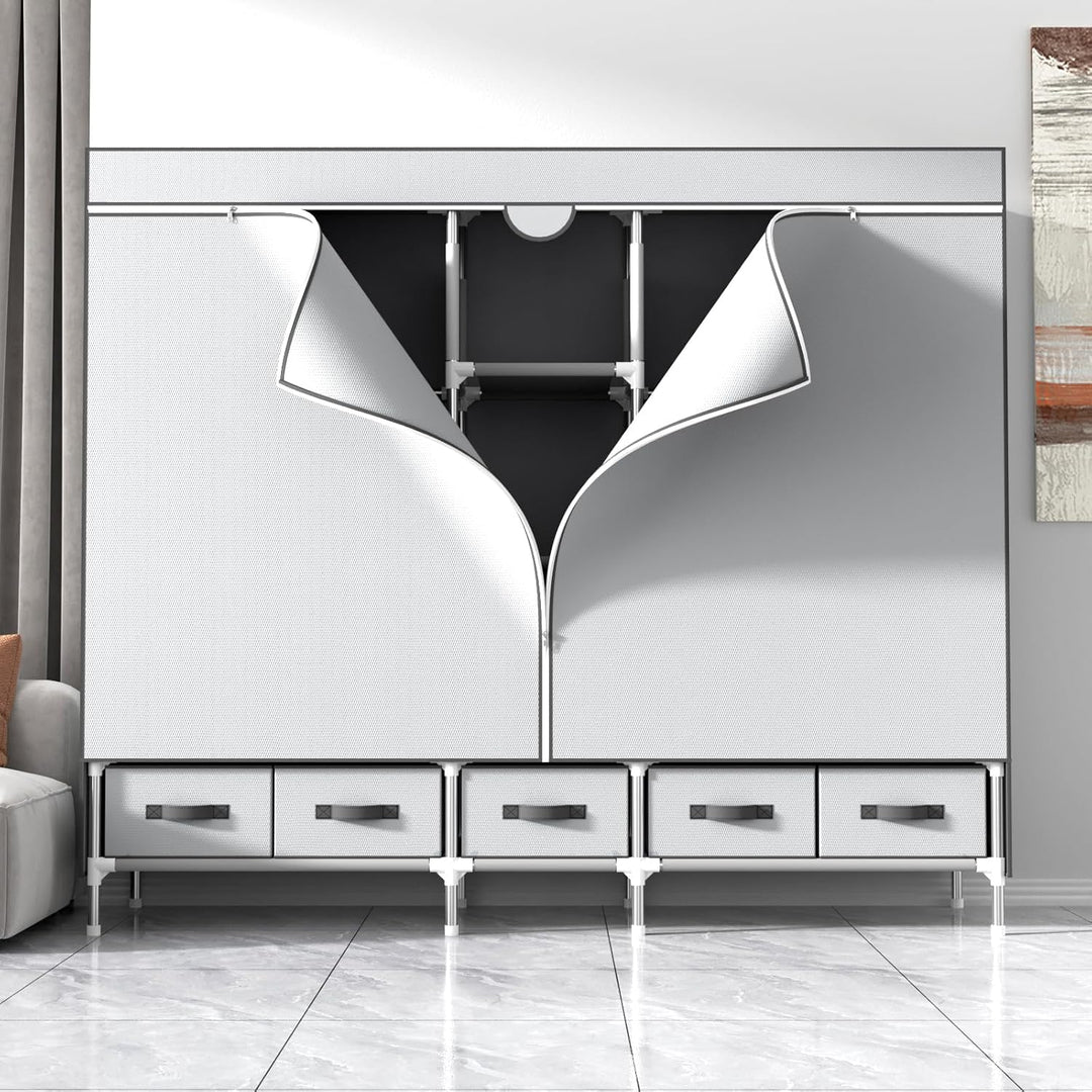 Kleiderschrank,Schlafzimmer Stoffschrank,Kleiderstander mit Schubladen,Faltbar Garderobe mit 2 Kleid