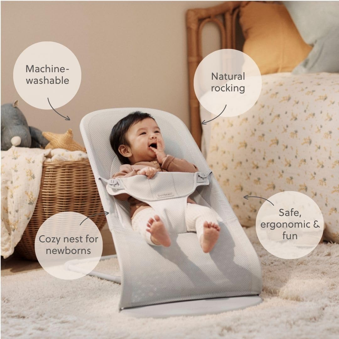 BabyBjörn Babywippe Balance Soft, Hellgrauer Rahmen, Netzstoff, Silber/Weiss