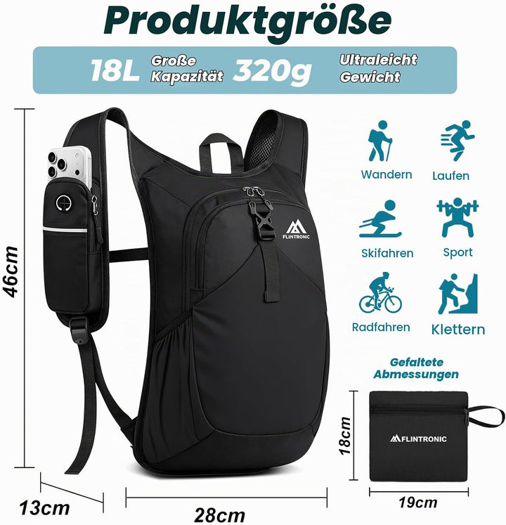 flintronic Wanderrucksack Herren Damen 18L, Rucksack Unisex Trekkingrucksack, Design Daypack Faltbar