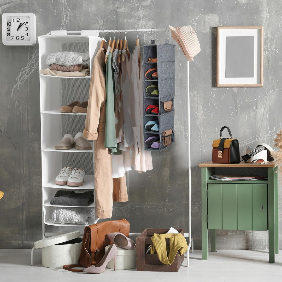 Relaxdays Kleiderschrank Hängeregal, 6 Fächer, Stoff, HBT: 92 x 15,5 x 30 cm, 2 Haken, Schrankaufbew