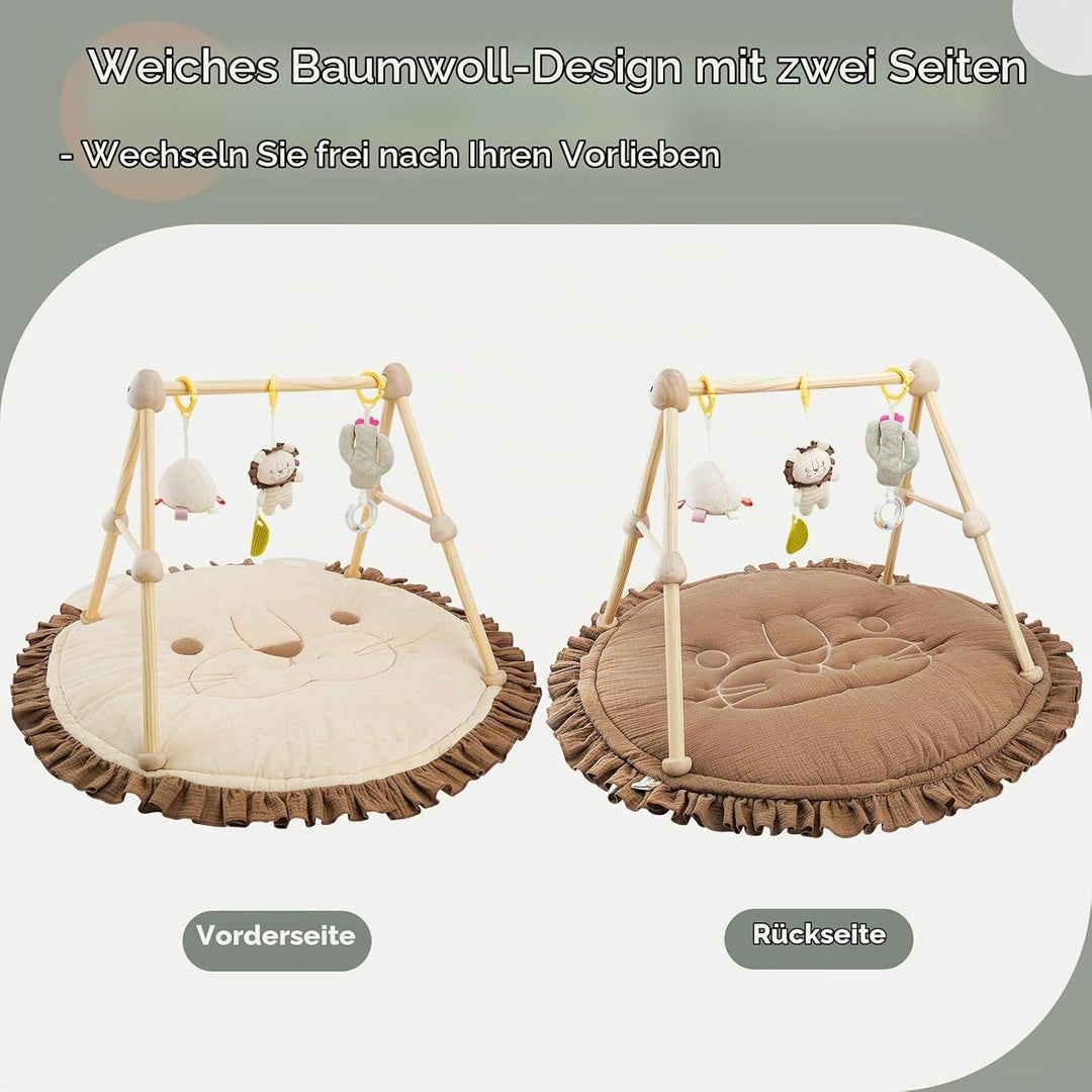 COTTONBEBE 4 IN 1 Spielbogen Baby, Spielmatte Babies mit Natur Holz Activity Spielbogen, 3 abnehmbar