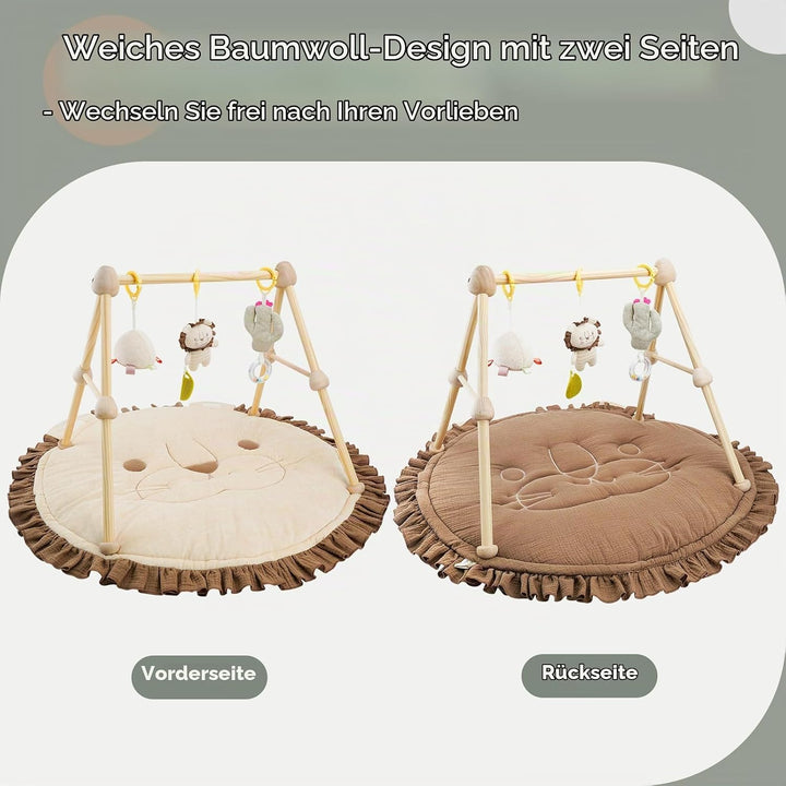 COTTONBEBE 4 IN 1 Spielbogen Baby, Spielmatte Babies mit Natur Holz Activity Spielbogen, 3 abnehmbar