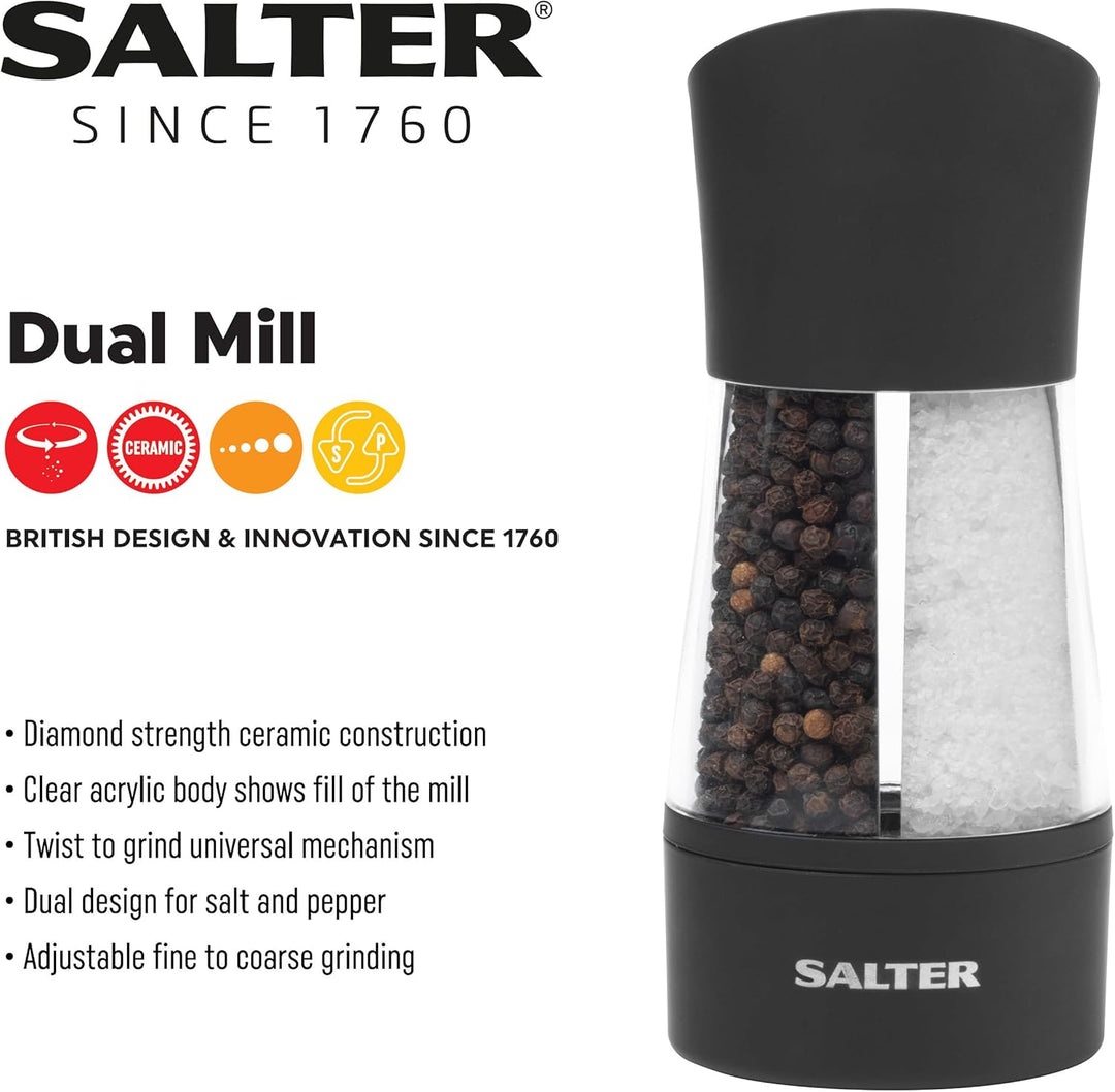 Salter 7612 BKXRA 2-in-1 Salz- & Pfeffermühle - Dual Küchenmühle, Doppelseitige Gewürzmühle, Twist-