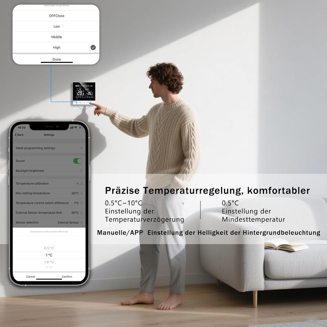 Smart Thermostat für Wasser Fussbodenheizung,WiFi Programmierbar Wandthermostate LCD Digital Touchsc