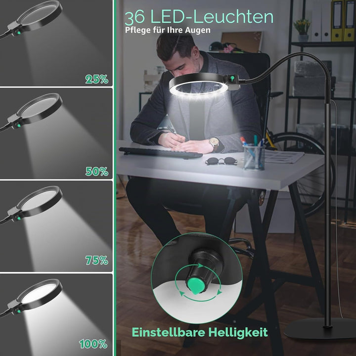 NZQXJXZ 2-in-1 Lupe mit Licht und Ständer, 5X & 10X Vergrösserungslampe mit 36 Einstellbaren Helligk