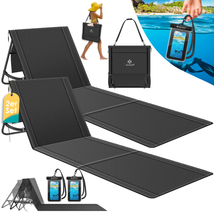 KESSER® 2er Set Strandmatte klappbar mit Verstellbarer Rückenlehne, Tragegurt, wasserdichter Tasche