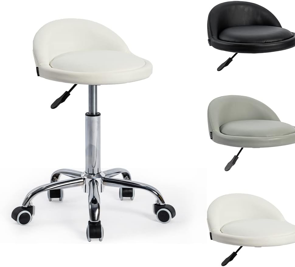 Mingone Bürohocker mit Rollen Arbeitshocker Weiss Rollhocker Höhenverstellbar Sitzhocker 360° Drehba