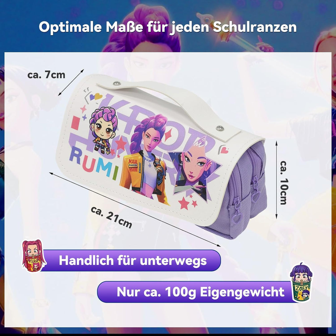 Federmäppchen für Mädchen im Korea-Pop Stil, Federtasche mit Klettverschluss-Klappe & 3 Fächern, Gro