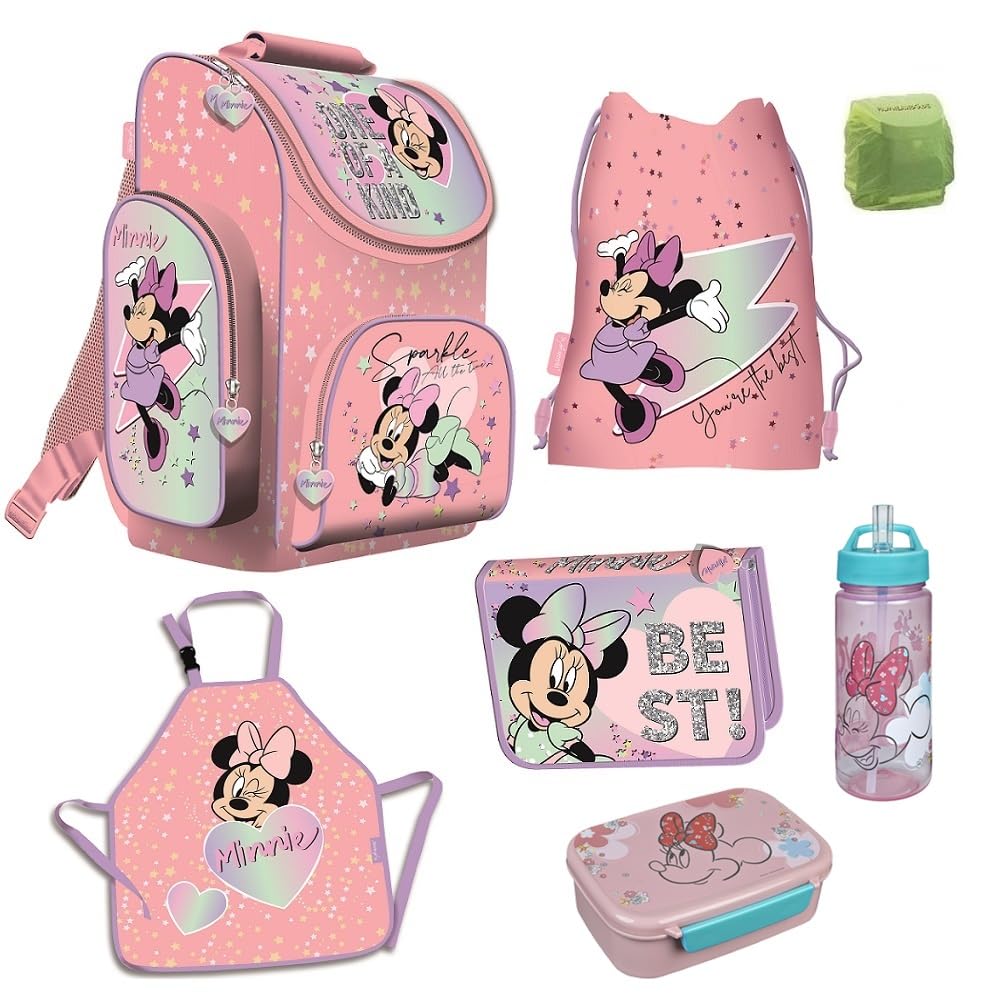 Familando Minnie Maus Schulranzen-Set 7-TLG. Federmappe Sporttasche und Regenschutz rosa blau Minni