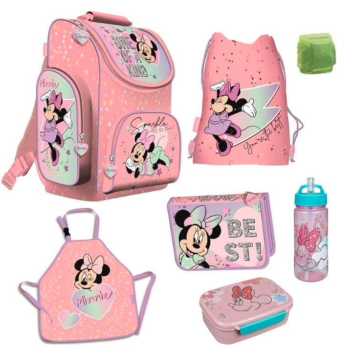 Familando Minnie Maus Schulranzen-Set 7-TLG. Federmappe Sporttasche und Regenschutz rosa blau Minni
