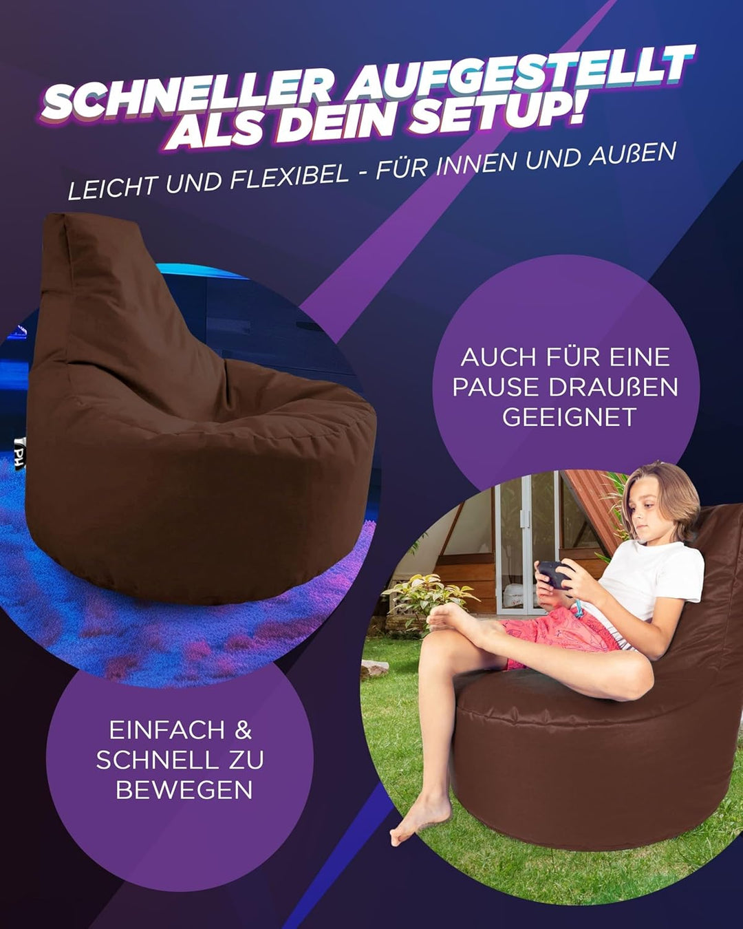 PATCH HOME Gamer Kissen & Lounge Sitzsack – befüllbar mit Reissverschluss, gefüllt mit Styropor, gee