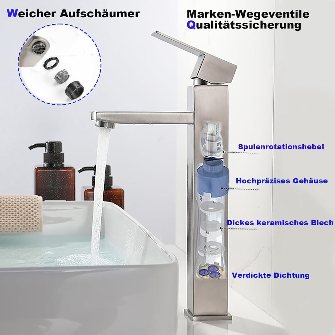 Edelstahl-Mischungshahn in hohem Stil, tropffrei mit leiser Einhand-Armatur für Bad, Waschbecken, kl