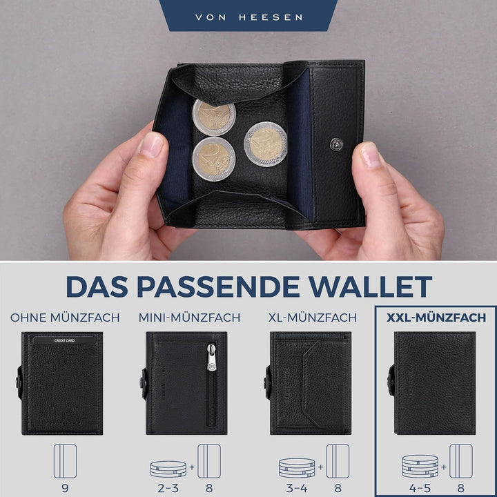 VON HEESEN Slim Wallet mit XXL Münzfach & RFID-Schutz - Leder Geldbeutel - Mini Geldbörse für Herren
