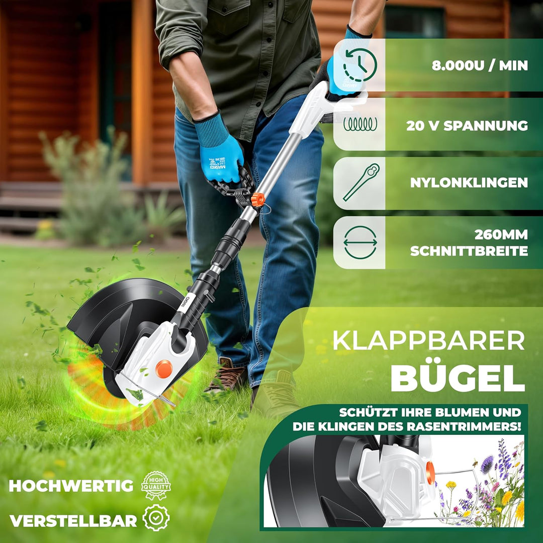MASKO® Akku-Rasentrimmer mit 20 V Li-Ion Akku, 2,0 Ah Akku und Ladegerät, Motorsense 260mm Schnittbr