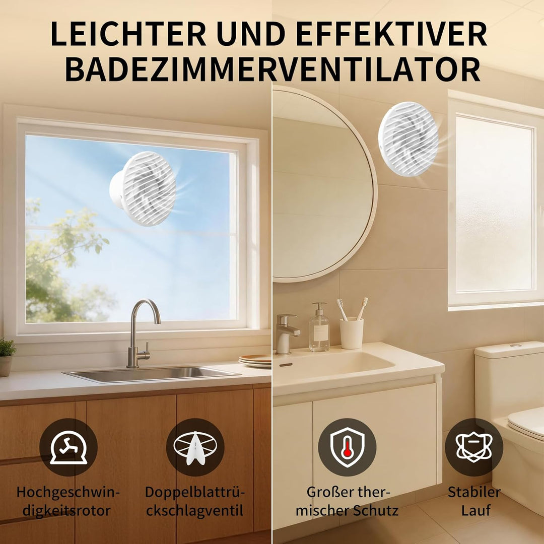 FanGoFast Badlüfter 100mm, Leistungsstarker Abluftventilator mit Rückstauklappe, Wasserdicht 14W Ene