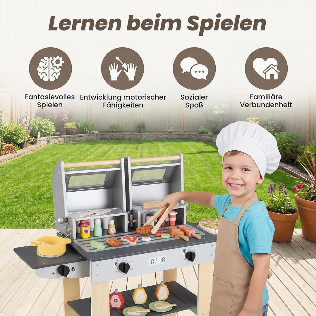 HOMASIS Kinder Grill Spielzeug aus Holz, BBQ Kindergrill-Spielset mit 2 Grillrosten, Verschlussdecke