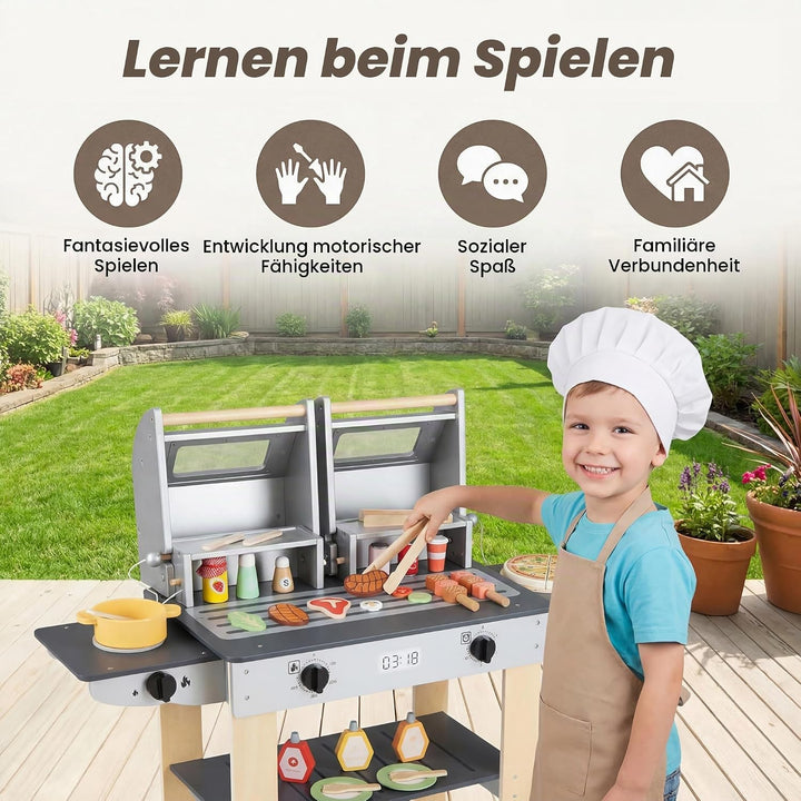 HOMASIS Kinder Grill Spielzeug aus Holz, BBQ Kindergrill-Spielset mit 2 Grillrosten, Verschlussdecke