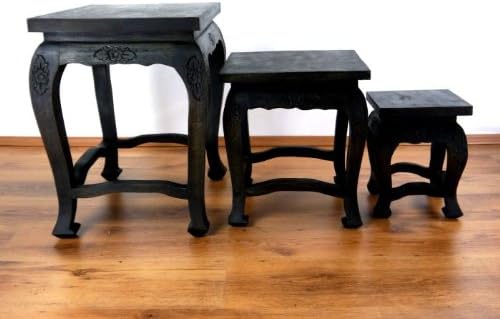 livasia Hoher Opiumtisch im 3er Set | Massivholz Beistelltisch | Asiatische Blumenhocker | Couchtisc