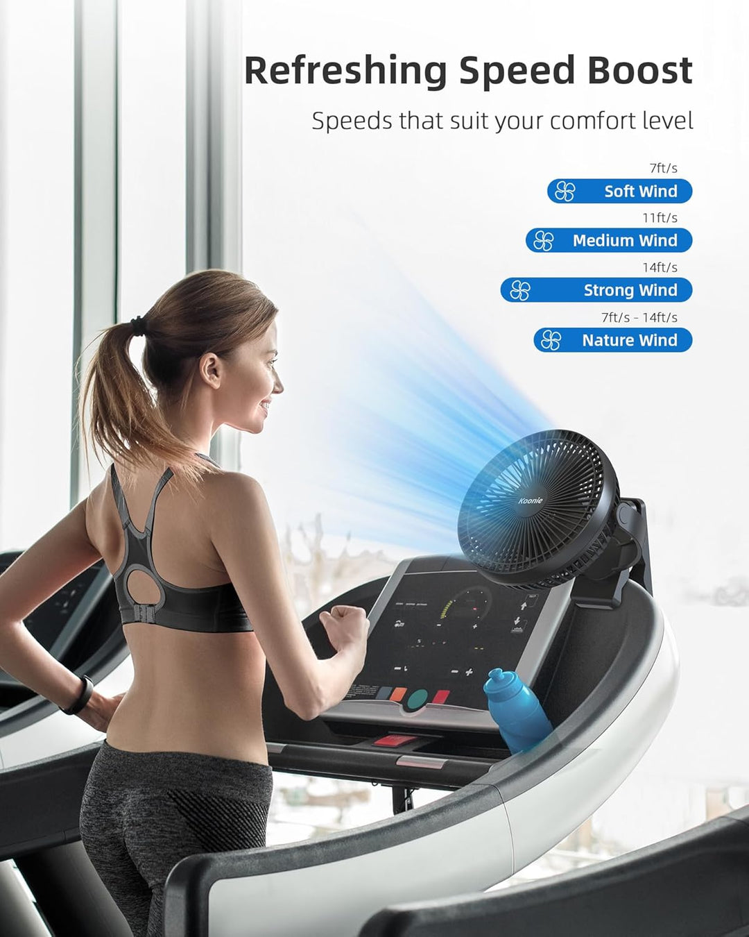 Koonie 20cm Tragbarer Clip-On-Ventilator, USB-Tischventilator mit 10.000 mAh Akku, 4 Geschwindigkeit