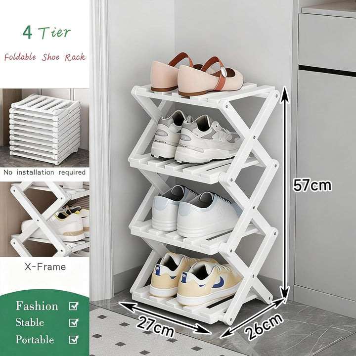 Kleines Schuhregal, weiss, 4 Etagen, Bambus, faltbar, Schuh-Organizer, freistehendes Regal für Einga