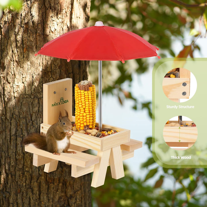 MIXXIDEA Eichhörnchen-Futterstation mit Regenschirm,hölzerner Eichhörnchen-Picknick-Tisch Futterspen