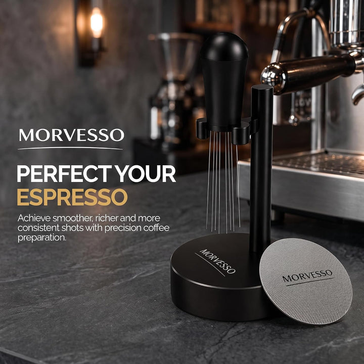WDT Tool Espresso Verteiler mit Puck Screen 58,5mm Siebträger Set | 8 feine Edelstahl-Nadeln 0,35mm