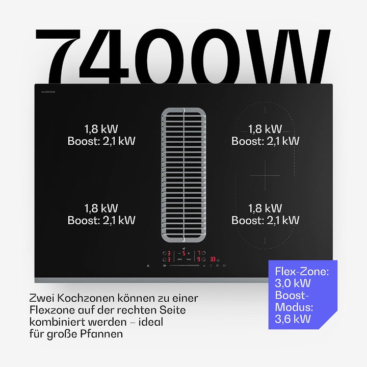 Klarstein Verosteel Induktionskochfeld mit Dunstabzug - 80cm, 4 Zonen, 7400W, Touch-Slider, Timer, K