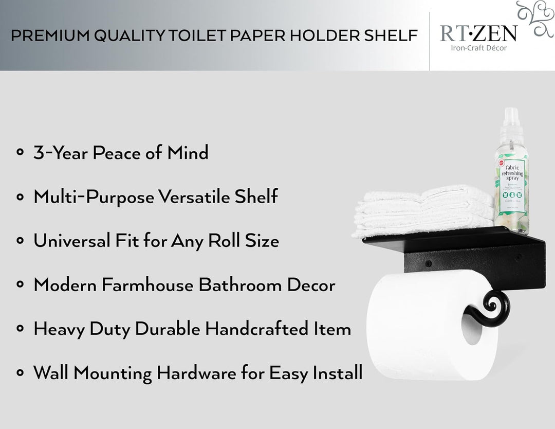 RTZEN Toilettenpapierhalter aus Schmiedeeisen mit Ablage | Schwarz verrottetes Metall TP-Rollenaufhä