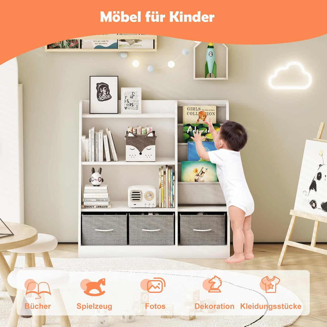 KEEPREAPER Kinderregal mit 3 Aufbewahrungsboxen, Bücherregal Kinder aus Holz mit 4 Ablage & 3 offnen