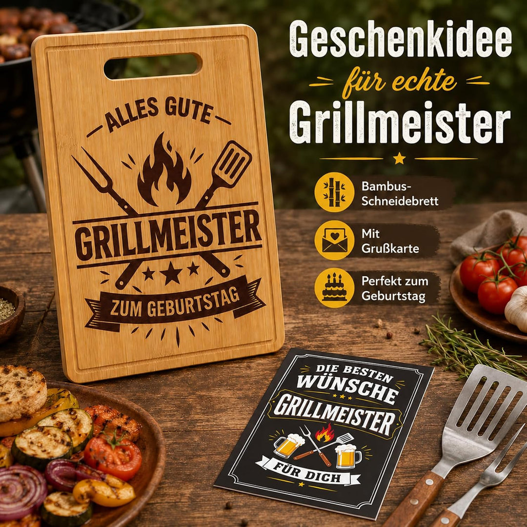 Geburtstagsgeschenk für Männer, Grillmeister Bambus Schneidebrett mit Karte, Grill Geschenk für Mann