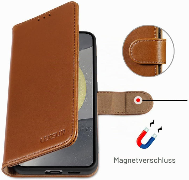 LENSUN Lederhülle für Samsung Galaxy S24, Echtleder Hülle [Standfunktion][RFID Blocker][Premium Echt