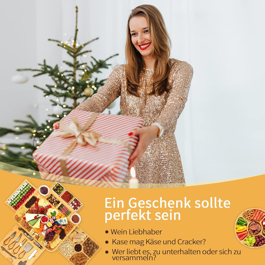 Bambus-Käsebrett, Käsebrett mit Käsemesser-Set, Charcuterie Board,Käsebretter, Servierbrett, für Wei