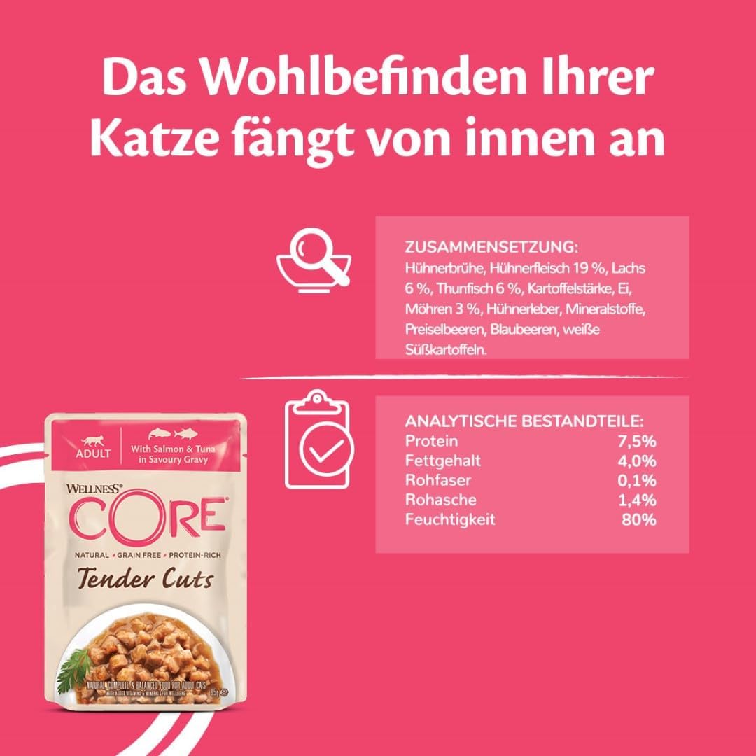 Wellness CORE Tender Cuts, Katzenfutter nass in Sauce, getreidefrei, hoher Fleischanteil, Lachs & Th