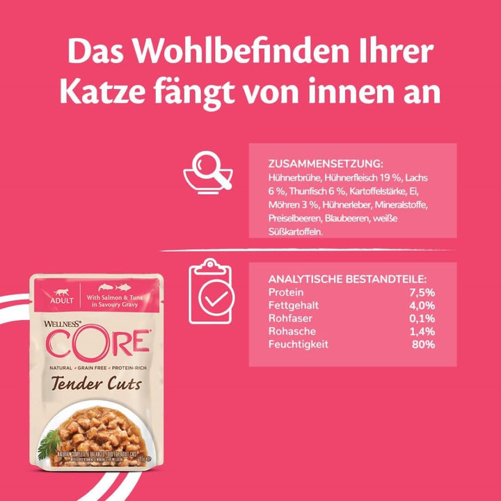 Wellness CORE Tender Cuts, Katzenfutter nass in Sauce, getreidefrei, hoher Fleischanteil, Lachs & Th