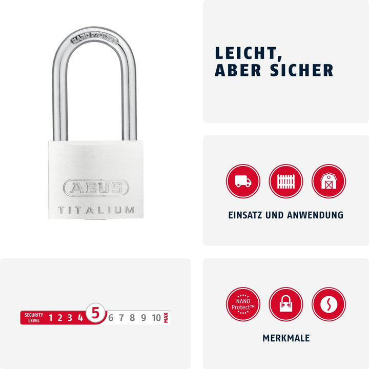 ABUS Vorhängeschloss Titalium 64TI/40HB40 mit hohem Bügel - Kellerschloss mit Schlosskörper aus Spez