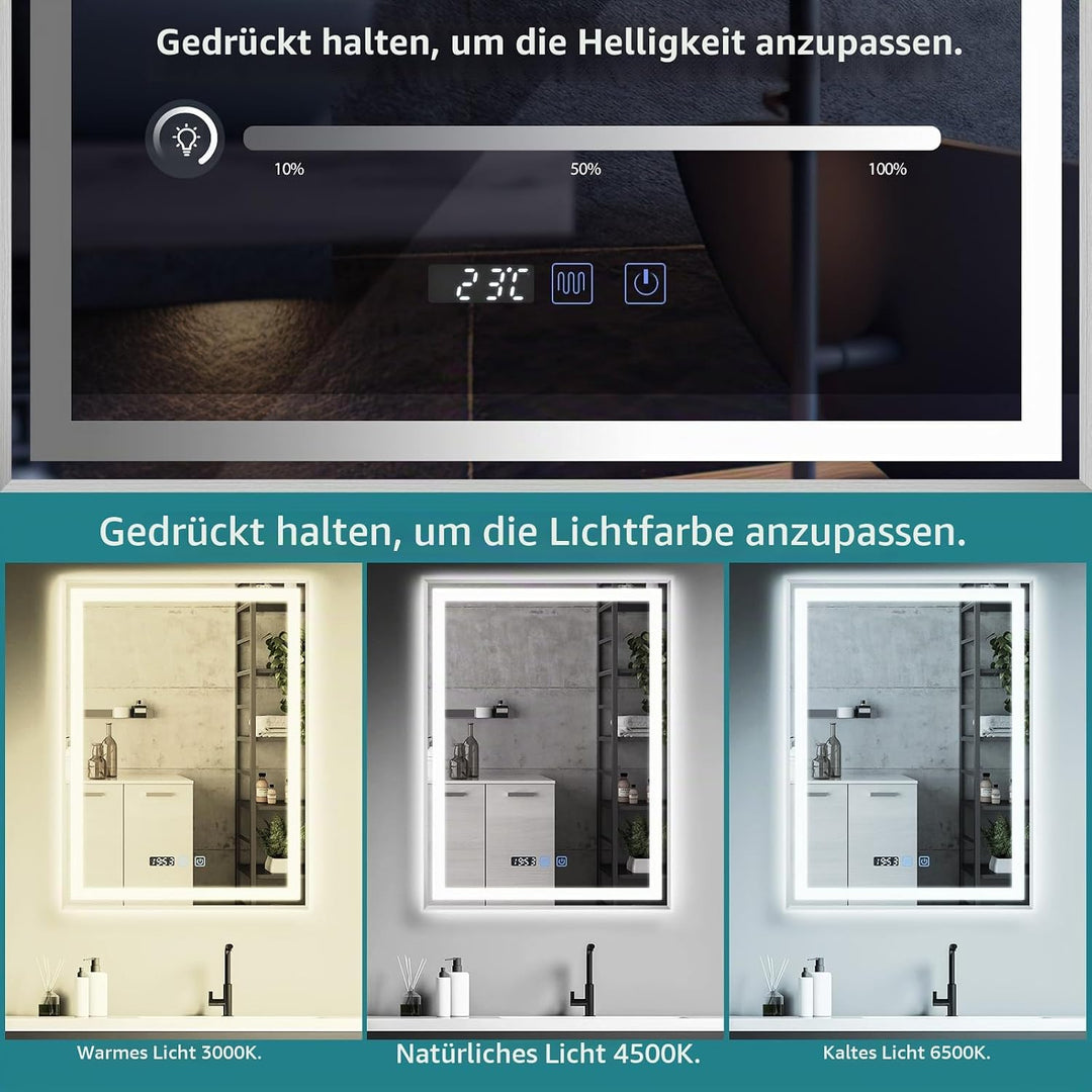 YU YUSING Badspiegel mit Beleuchtung 60x80cm Badezimmerspiegel mit Beschlagfrei 3 Lichtfarbe Dimmbar