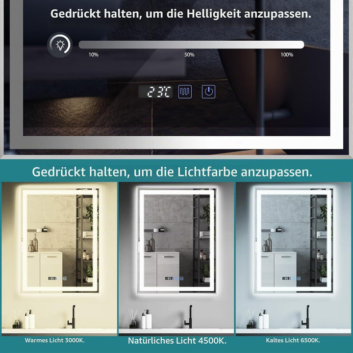 YU YUSING Badspiegel mit Beleuchtung 60x80cm Badezimmerspiegel mit Beschlagfrei 3 Lichtfarbe Dimmbar