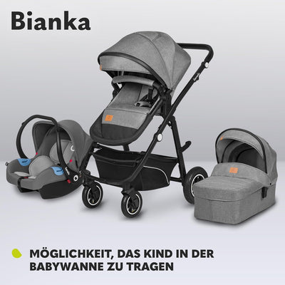 LIONELO BIANKA Kinderwagen 3 in 1 bis 22 kg Babywanne Autositz Zusammenlegbar, Reise-System, Einstel