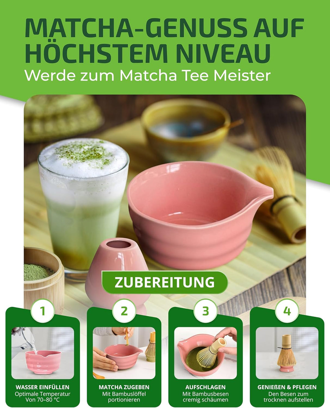 Matcha Set Rosa – Premium Matcha Tee Set mit Matcha Schale, Bambus Matcha Besen & Matcha Zubehör - J