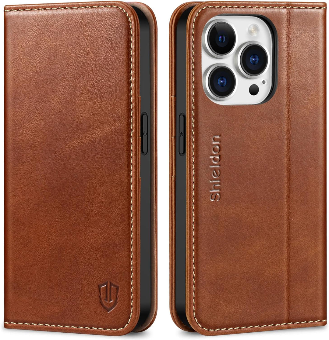 SHIELDON Hülle für iPhone 14 Pro Handyhülle TPU [Echtleder] [Kartenfach] [Magnet] [Standfunktion] [R