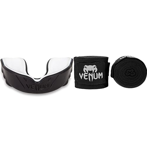 Venum Unisex Senior 11+ Jahre Challenger Mundschutz, Einheitsgrösse Schwarz/Weib Bundle mit Bänder,