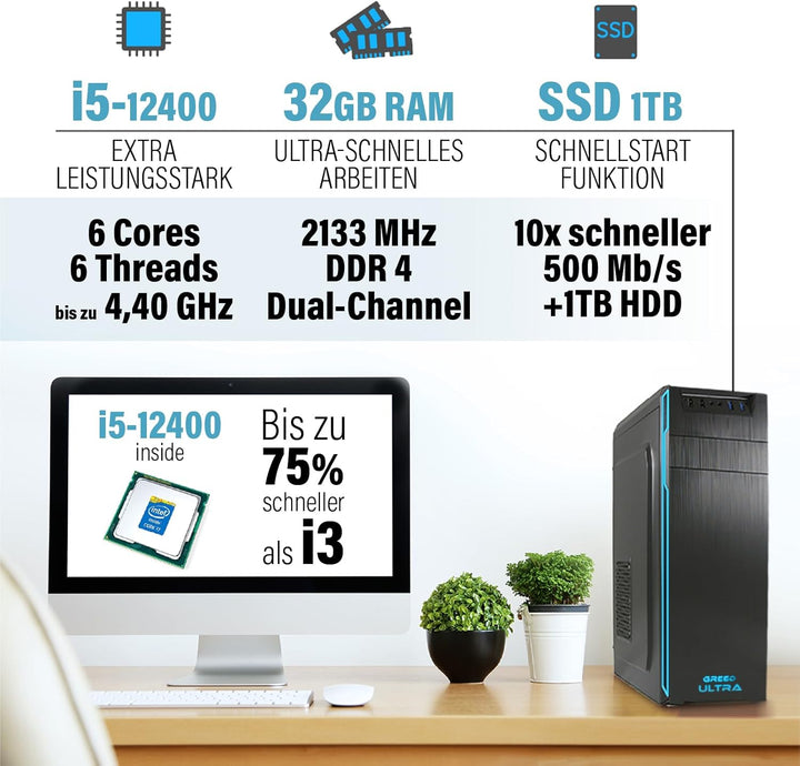 GREED® Ultra PC mit Intel Core i7 4790 - Schneller Rechner + Computer für Büro & Home Office mit 4,0