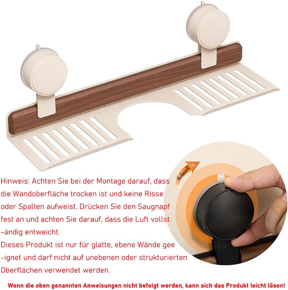 Walnuss Saugnapf Regal, Extra Breites Waschbeckenregal mit Ablauflöchern, Ohne Bohren Badezimmer Org
