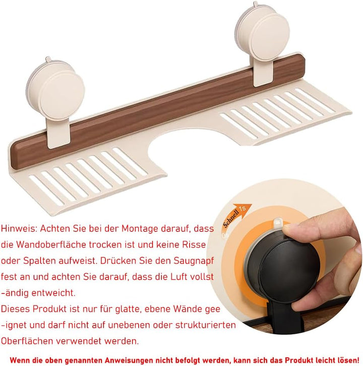 Walnuss Saugnapf Regal, Extra Breites Waschbeckenregal mit Ablauflöchern, Ohne Bohren Badezimmer Org