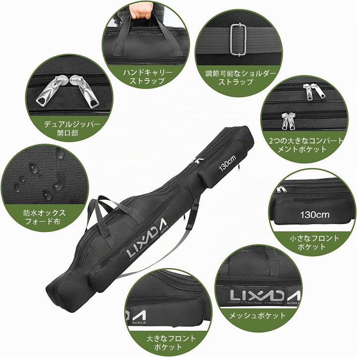 Lixada Tragbare Angeltasche Faltbare Angeltasche für Angelrute im Freien, 100 cm/130 cm/150 cm Schwa