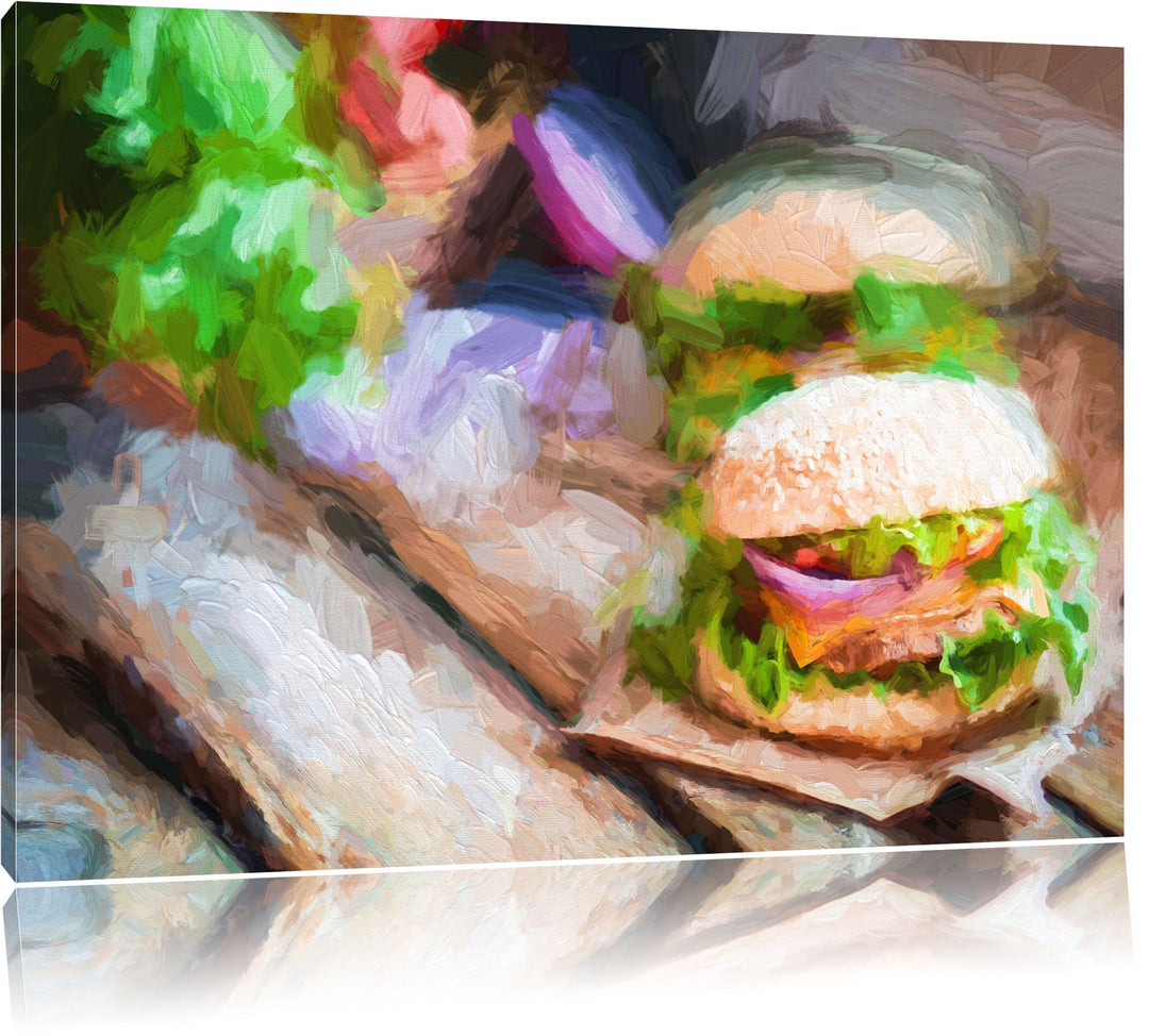 Pixxprint Leckere Burger als Leinwandbild/Grösse: 100x70 cm/Wandbild/Kunstdruck/fertig bespannt, 100