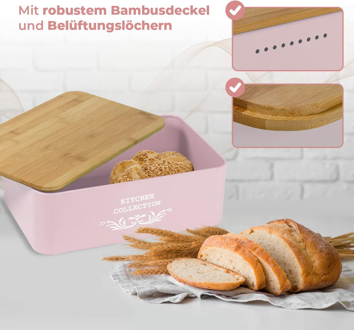DRULINE Brotkasten mit Bambusdeckel - Brotaufbewahrung - Brotbox mit Schneidebrett - Brotkasten rosa