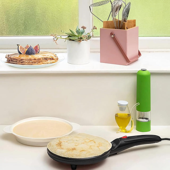600W Elektrische Crêpe-Maker-Maschine, Runde Pfannkuchen-Grillplatte aus Kunststoff mit Griff, Multi